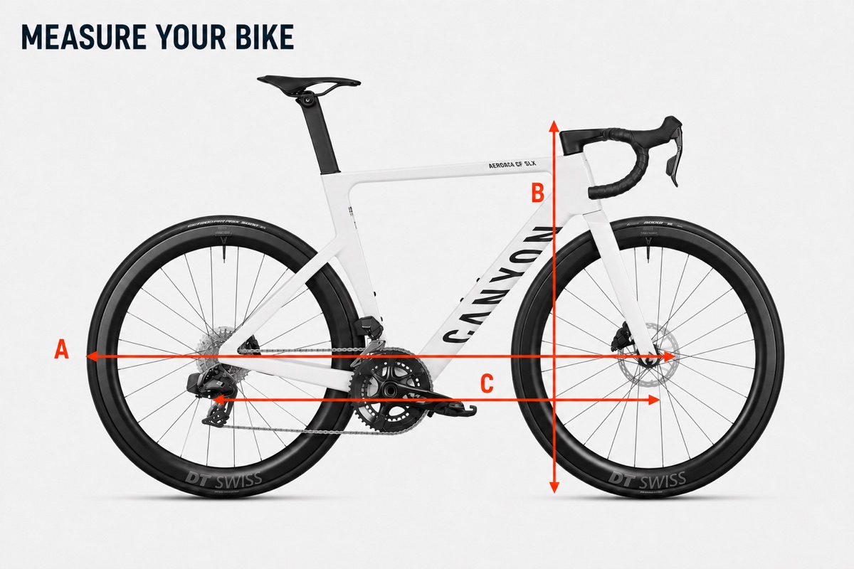 A road bike seen from the side. A runs horizontally across both wheels, B runs vertically from the top of the handlebar to the bottom of the wheel, and C runs horizontally between the two wheel axles.